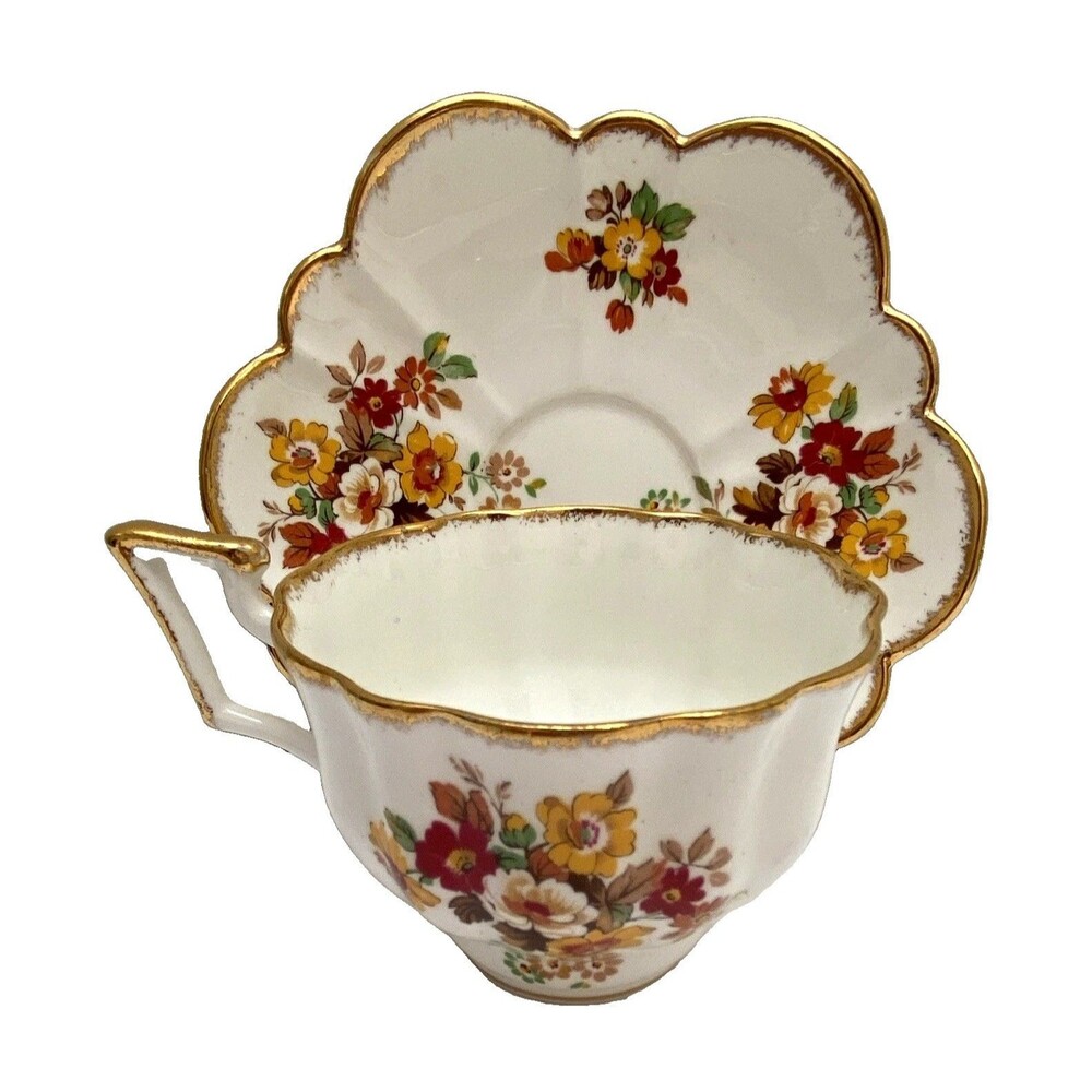 Vintage Salisbury England Teacup Saucer Harvest Flowers Gold Trim 864704